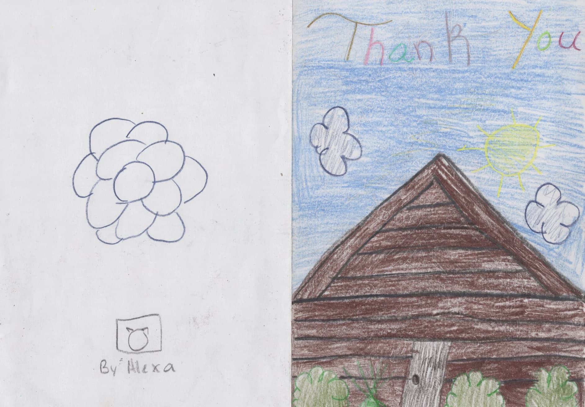 Handmade thank-you card by Alexa, 3rd Grade, showing a colorful drawing of the Gehl Home beneath a blue sky with clouds and a yellow sun.
