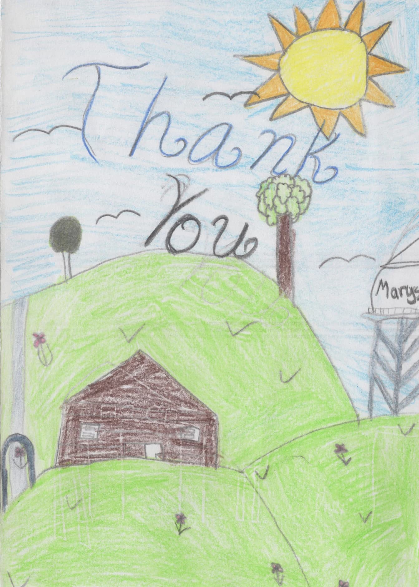 Handmade thank-you card by Ashley, 3rd Grade, showing a colorful drawing of the Gehl Home among green hills, trees, flowers, and the Marysville water tower.