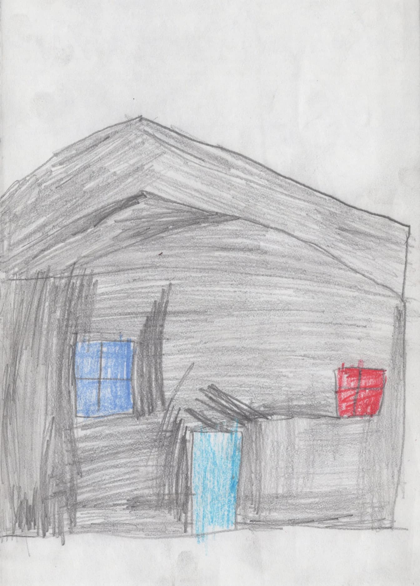 Handmade thank-you card by Blake, 2nd Grade, showing a pencil drawing of the Gehl Home with a blue door and blue and red windows.