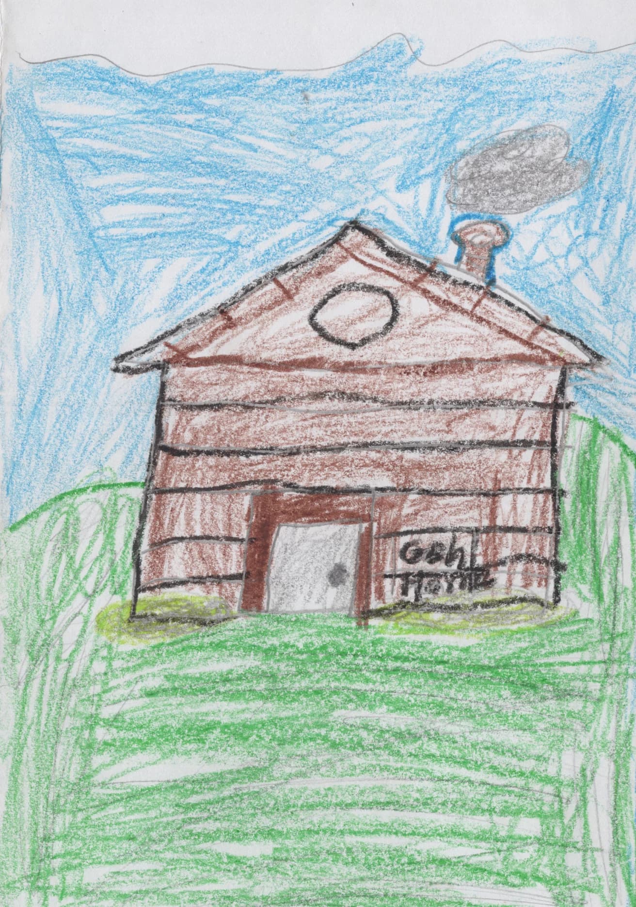 Handmade thank-you card by Christopher, 3rd Grade, showing a crayon drawing of the Gehl Home with a blue sky, green grass, and smoke rising from the chimney.