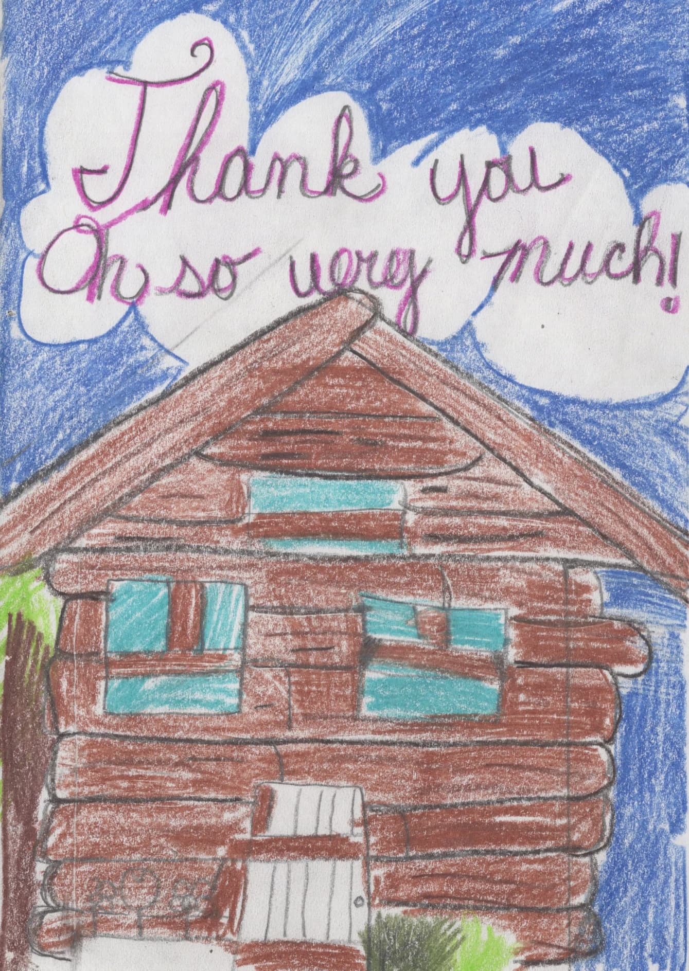 Handmade thank-you card by Kha-Mei, 3rd Grade, showing a colorful drawing of the Gehl Home beneath a deep blue sky and a large thank-you message.