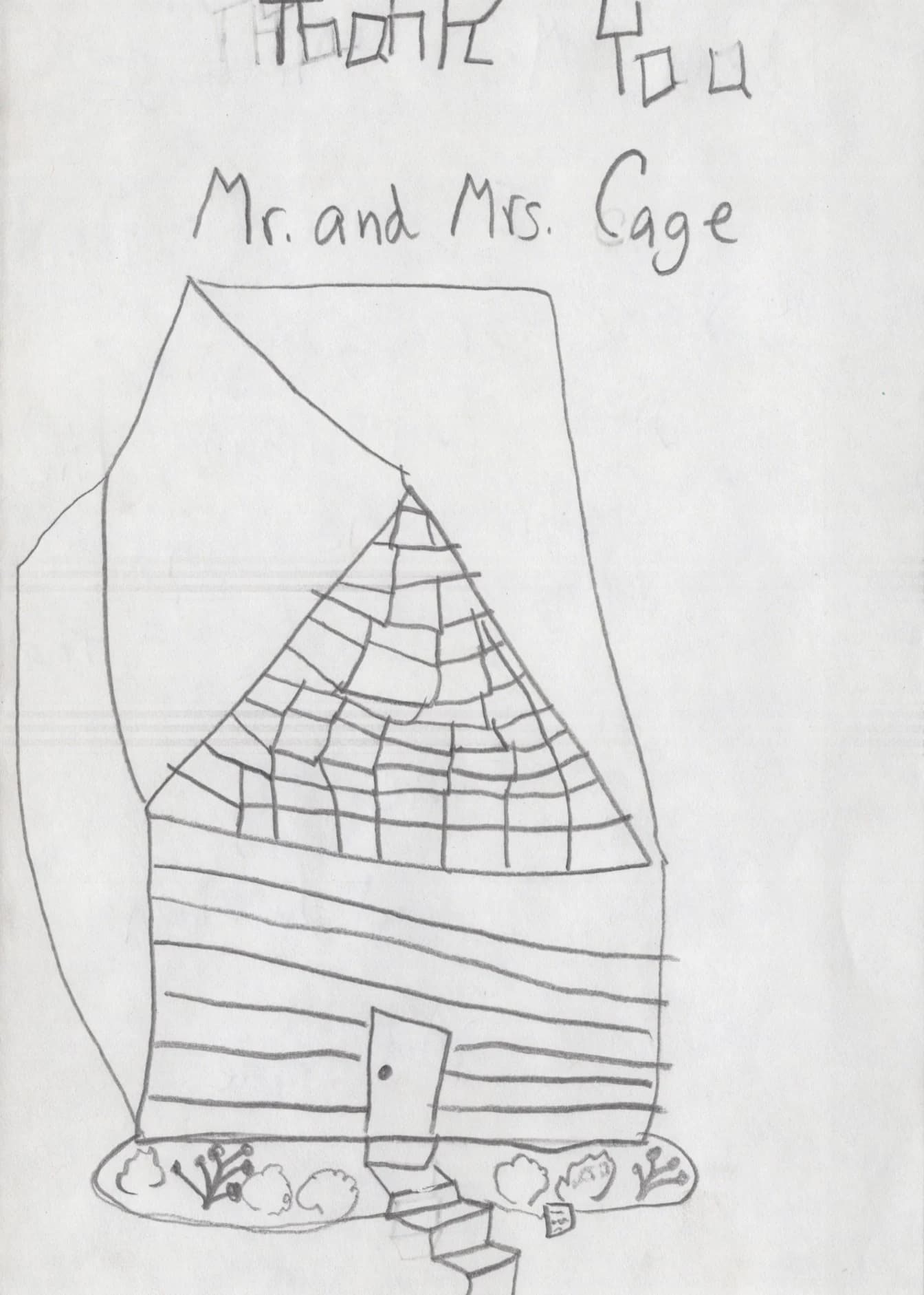 Handmade thank-you card by Shazaad, 2nd Grade, showing a detailed pencil drawing of the Gehl Home and its front garden.