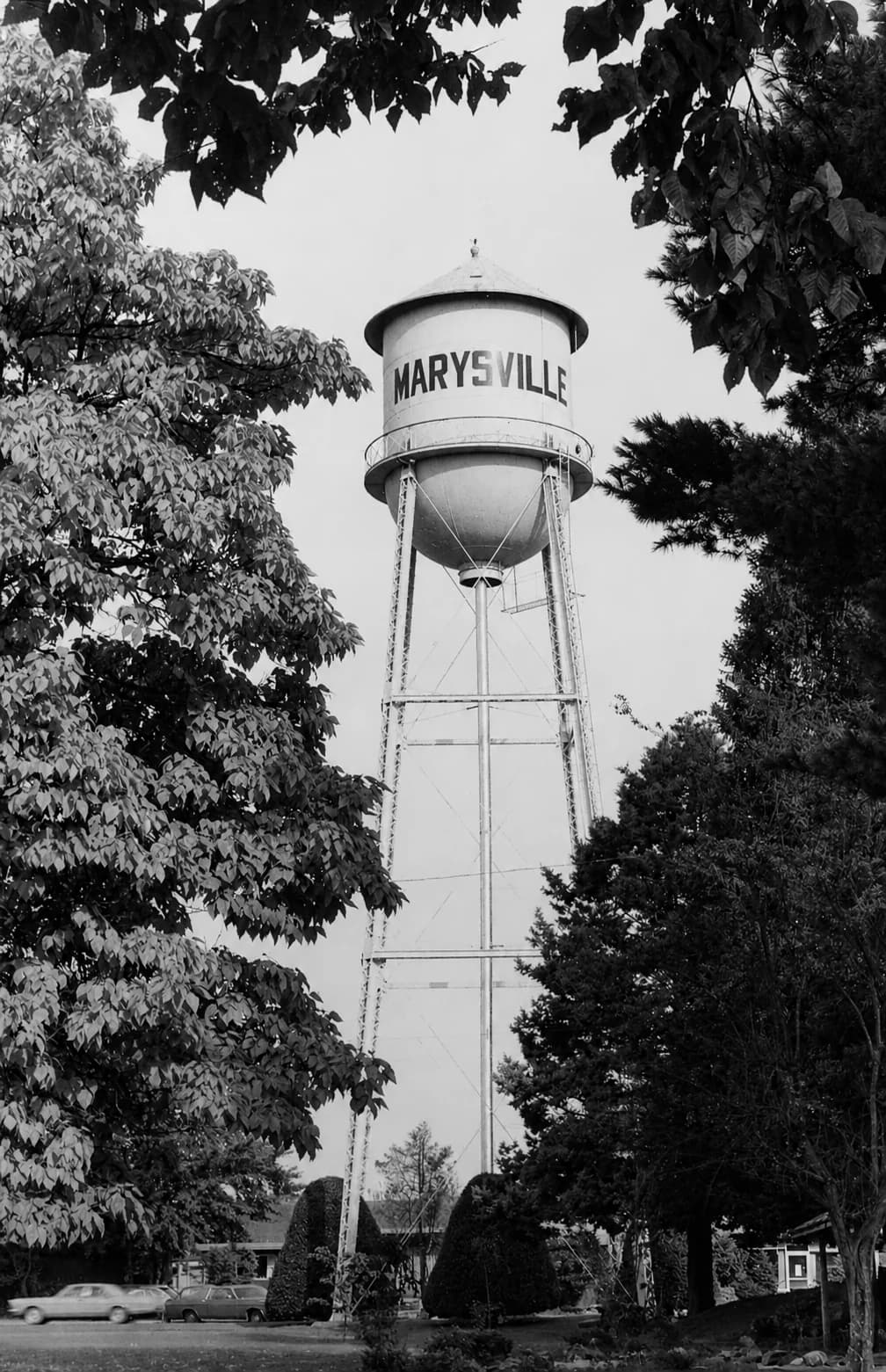 Historic black-and-white photograph of the Marysville water tower framed by trees