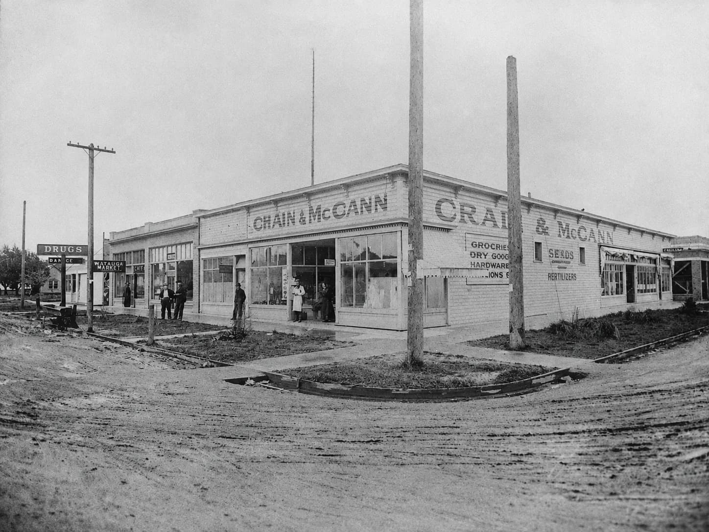 Crain and McCann general store and neighboring businesses at Third and State in Marysville