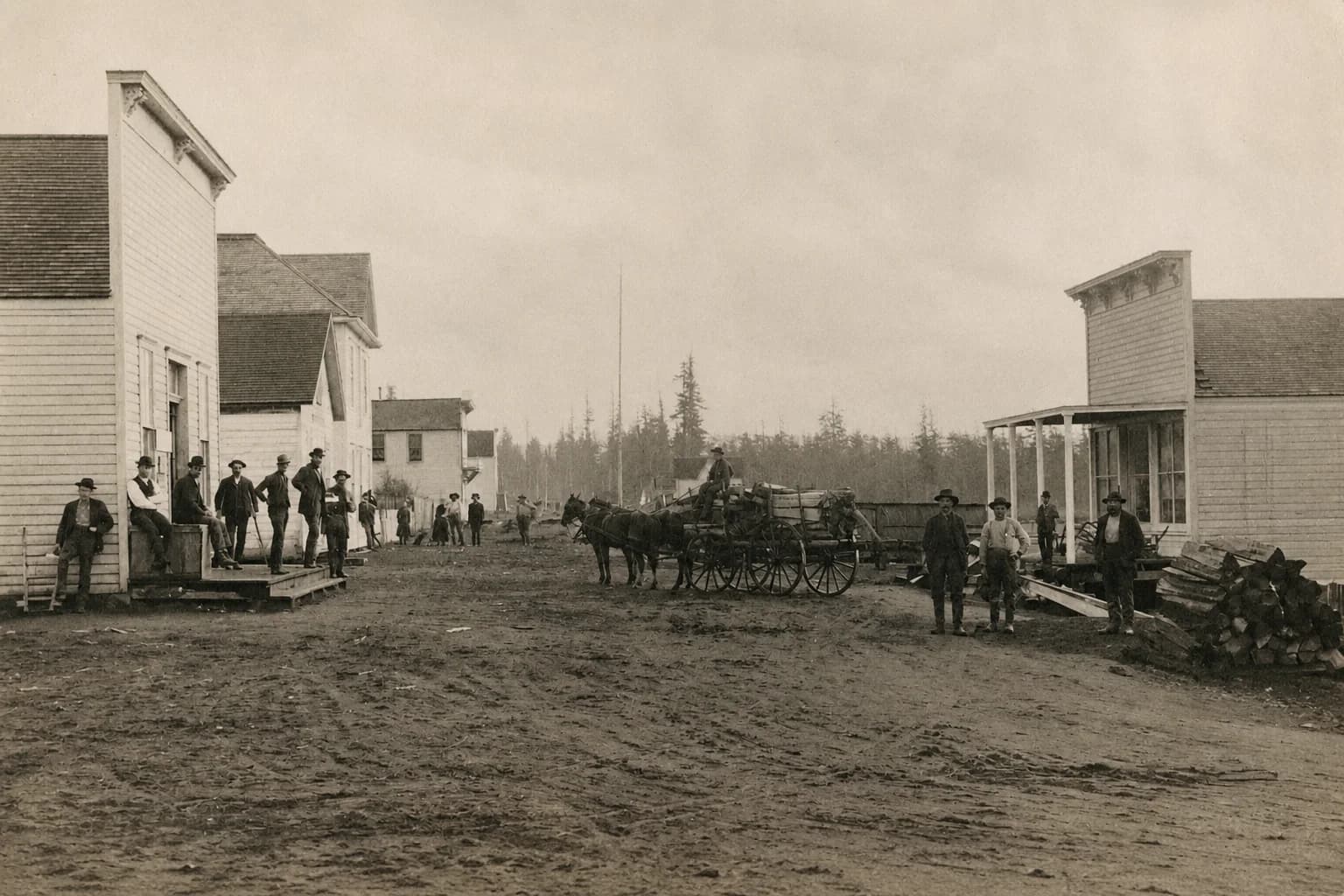 Early Marysville street lined with wooden buildings, residents, horses, and freight wagons