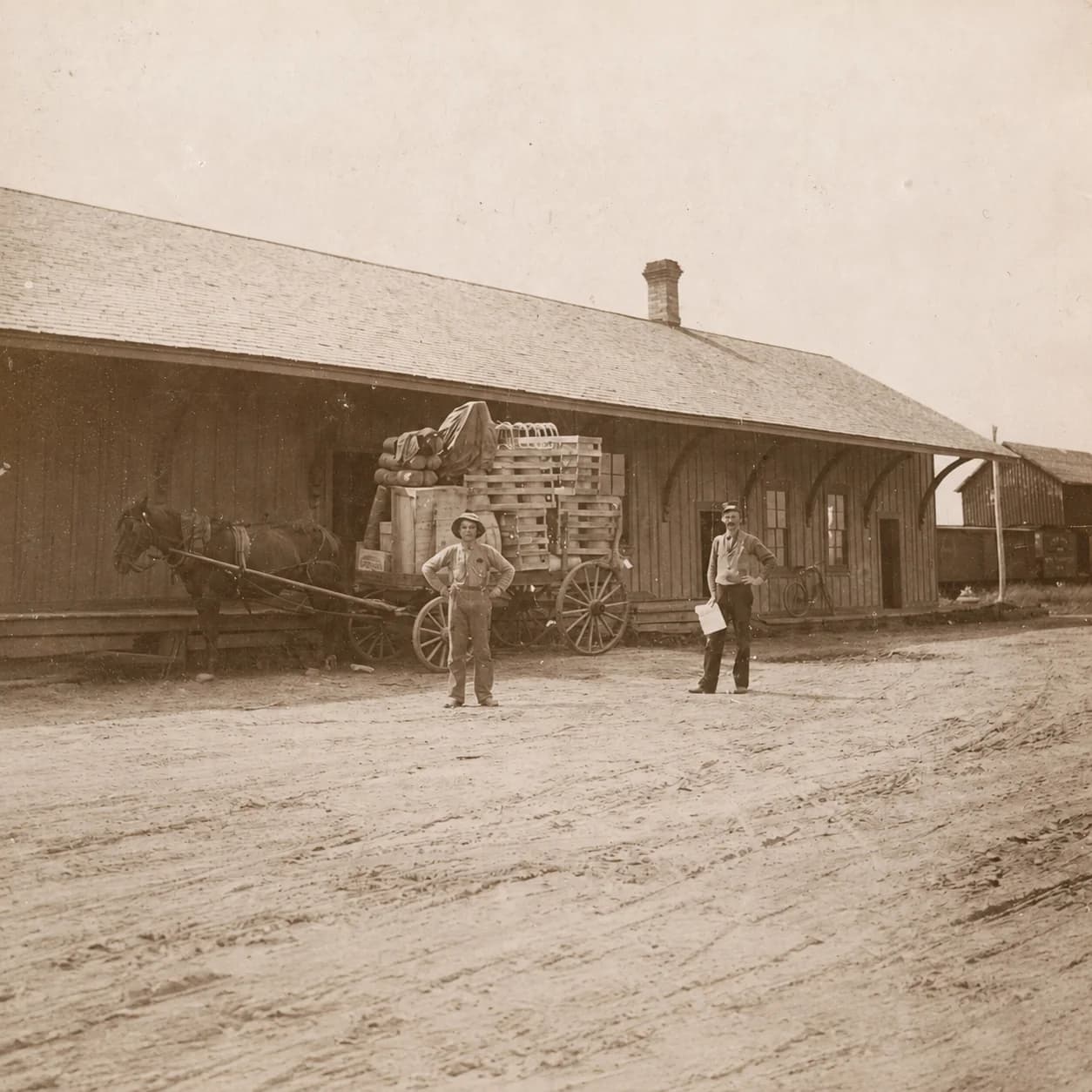 Two men and a horse-drawn freight wagon in front of the Great Northern depot