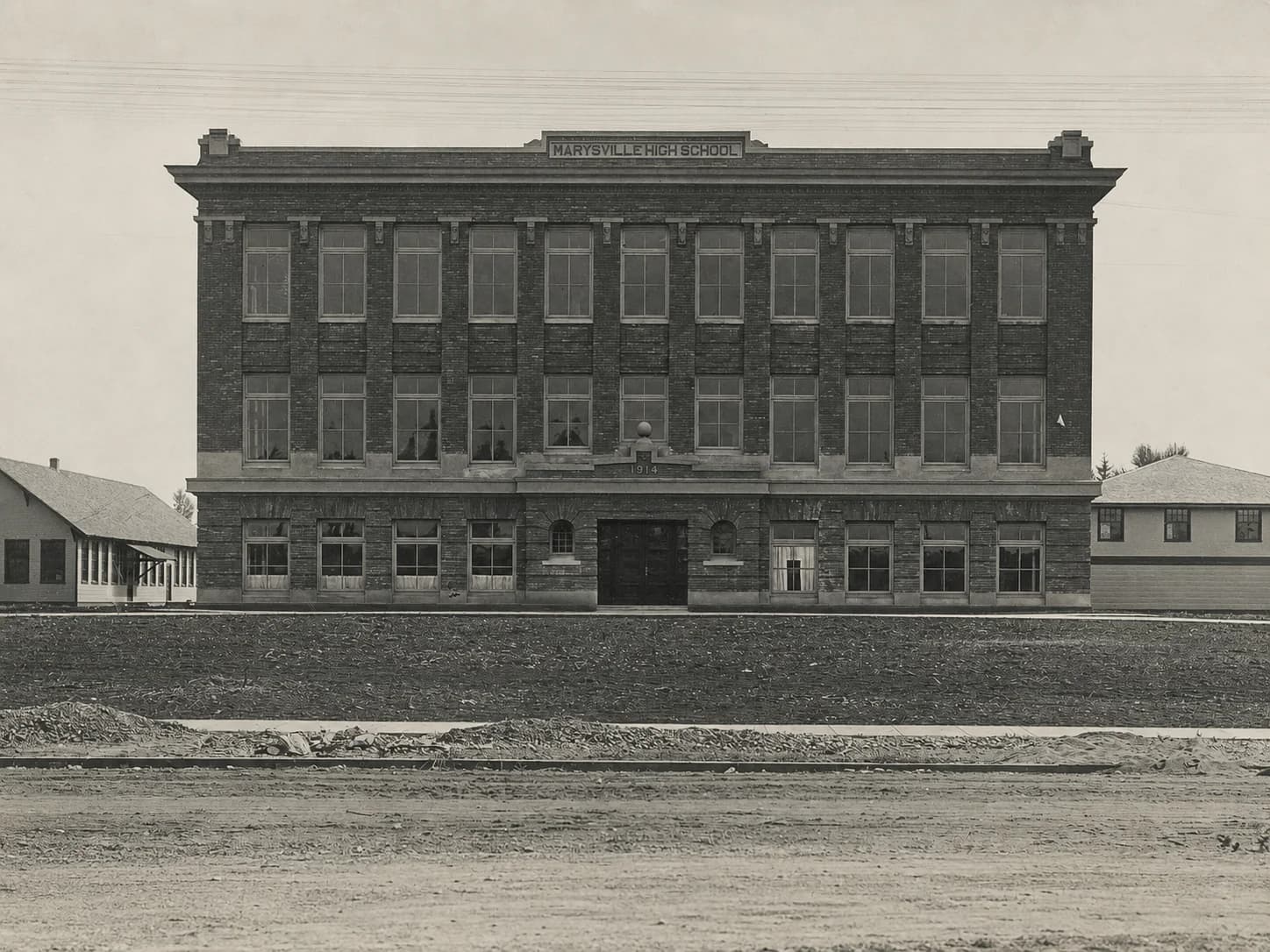 Front elevation of the brick Marysville High School building completed in 1914