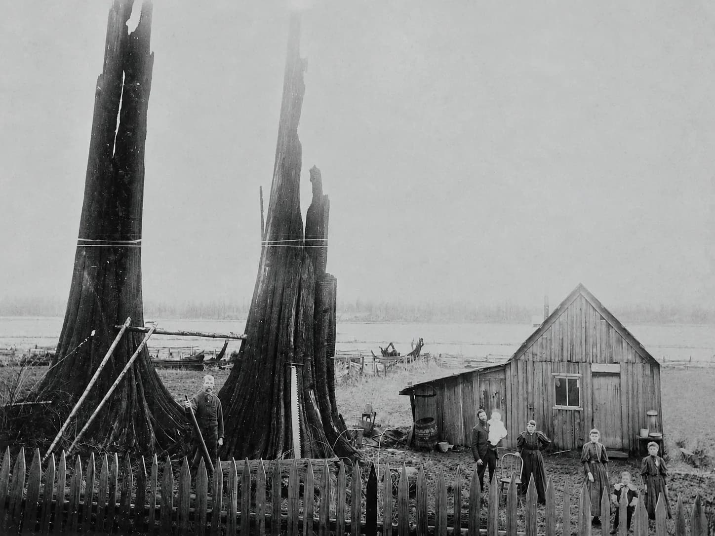 Marysville homestead family beside a small wooden house and towering cedar stumps