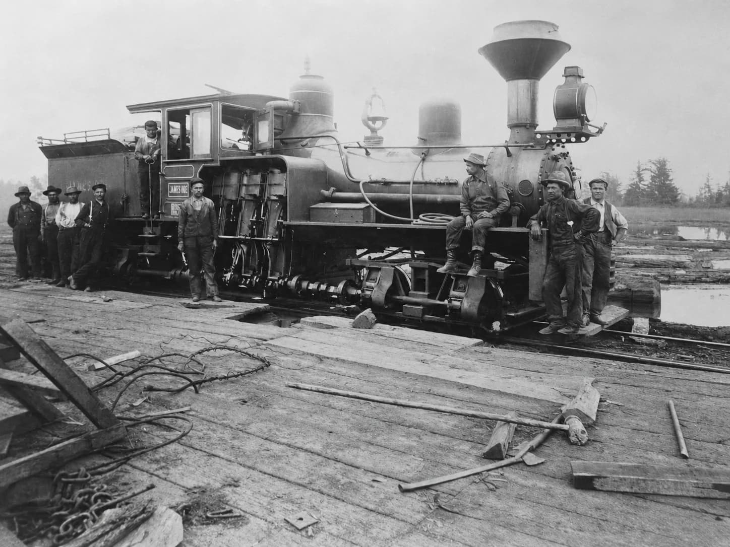 Stimson Logging Company crew with the James Roe locomotive near Ebey Slough