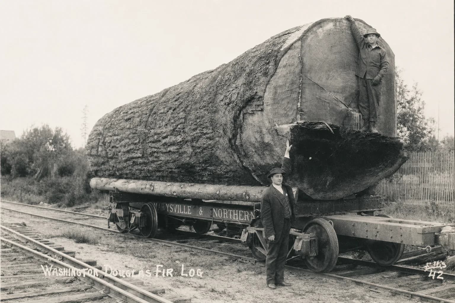 Two men posed beside and atop an enormous Douglas fir log on a Marysville and Northern railcar