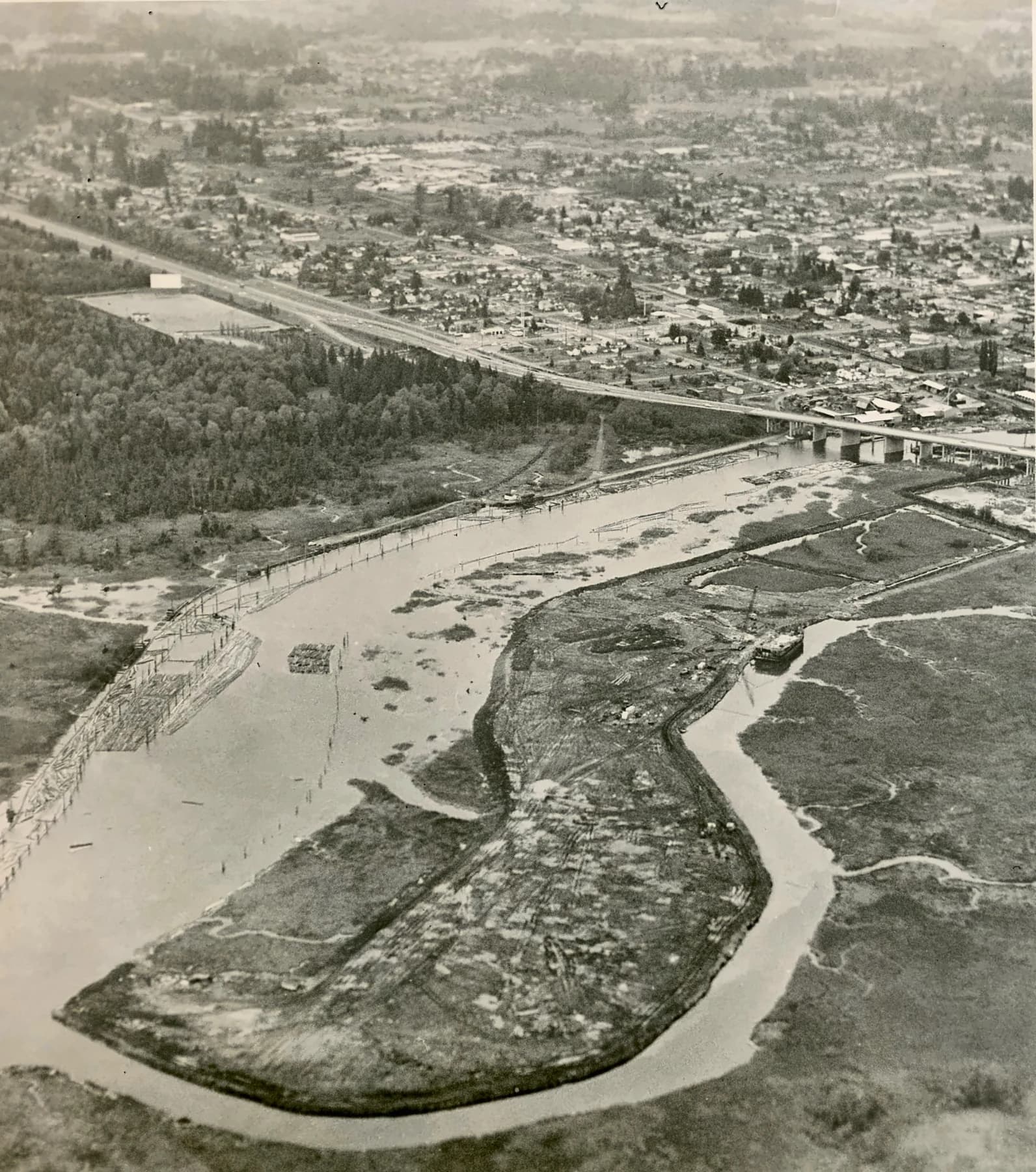 Aerial view of Marysville, Ebey Slough, the waterfront, and surrounding roads
