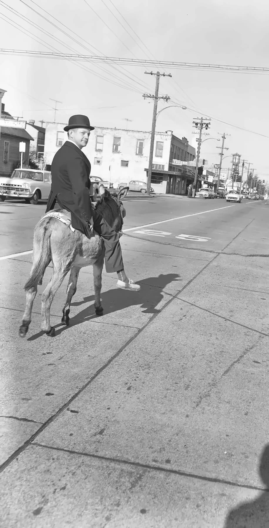 A formally dressed man riding a donkey along State Avenue in Marysville