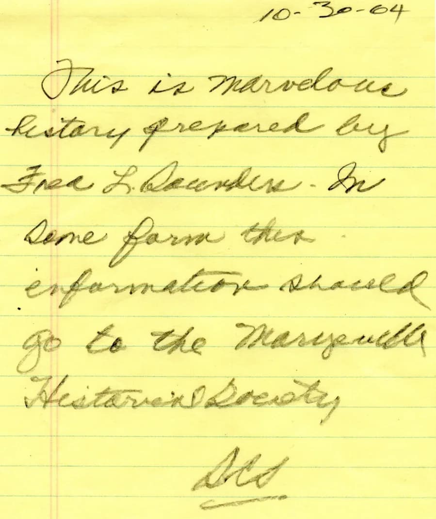 Handwritten 2004 note from the Saunders family donating Fred L. Saunders Sr.'s Marysville history notes to the Marysville Historical Society